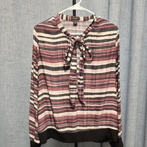 Halogen Multi Purples,gray and White Striped Blouse with Abstract Pattern Bow Lg
